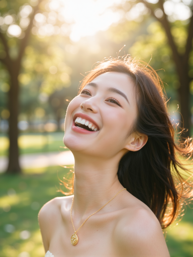 年轻女性户外人像摄影，阳光透过树叶洒在脸上，自然光线，清新风格，背景虚化