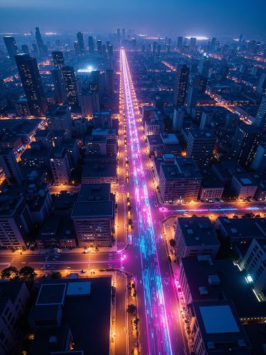 城市夜景建筑摄影，霓虹灯光照亮现代建筑，夜晚拍摄，蓝色调，都市风光