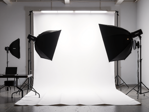 现代化摄影工作室内部，专业灯光设备，白色背景墙，整洁有序，专业摄影器材摆放整齐